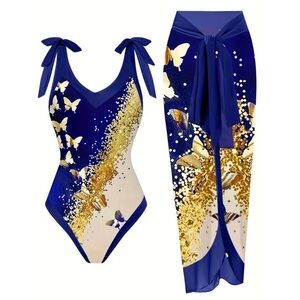 Glitter Butterfly Tie-Shoulder One-Piece Bathing Suit w Skirt Wrap Set (3X)
